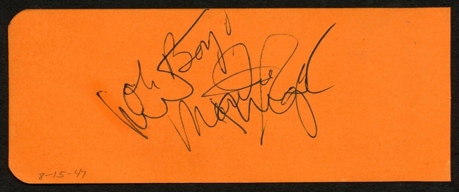 Martha Raye d1994 & Ted Donaldson d2023 signed 2x5 cut autograph in 1947