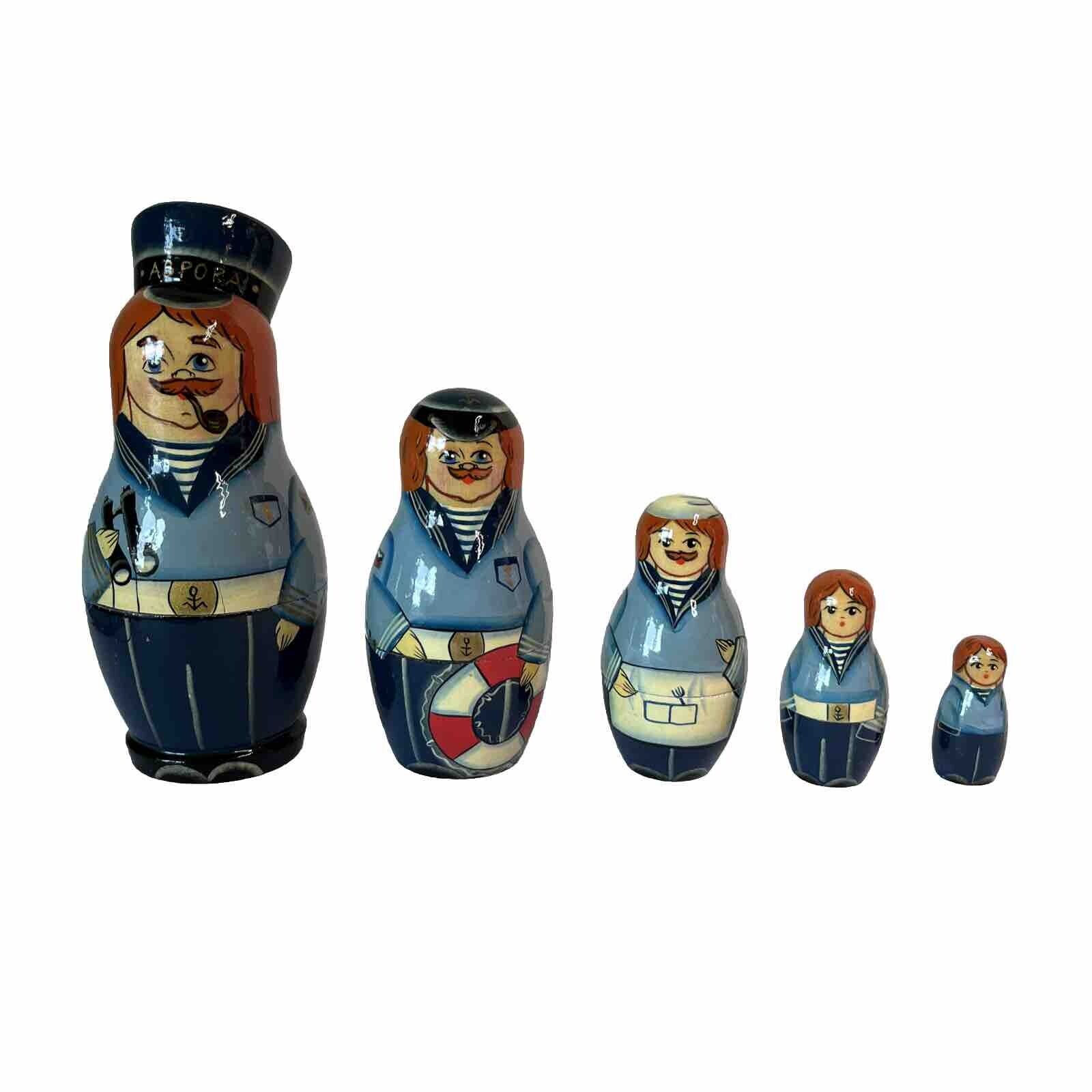 Russian Nesting Dolls Navy Nautical  Sailors VTG Hand Painted  Set of 5