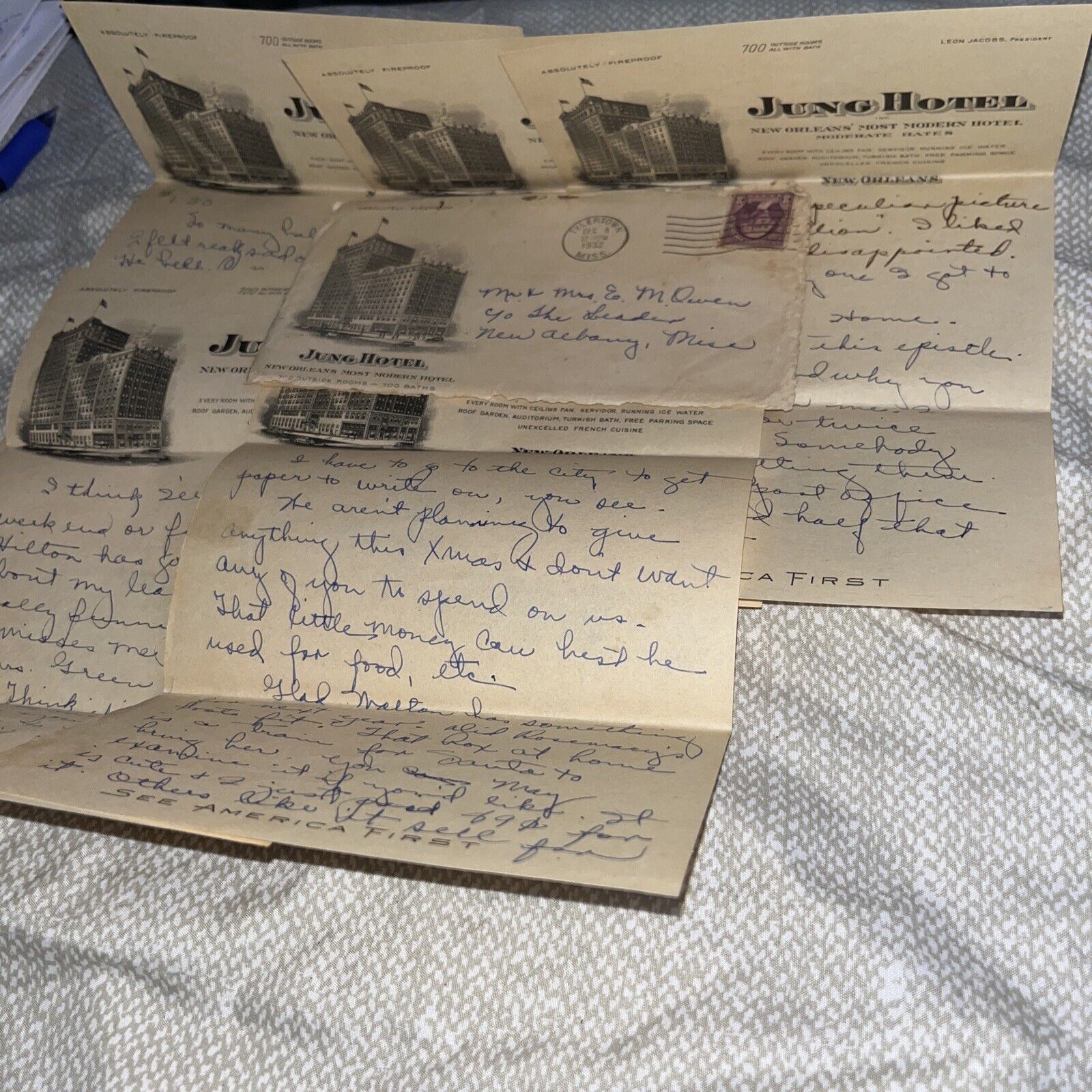 Antique 1932 Letter: The Jung Hotel Letterhead New Orleans LA Louisiana History