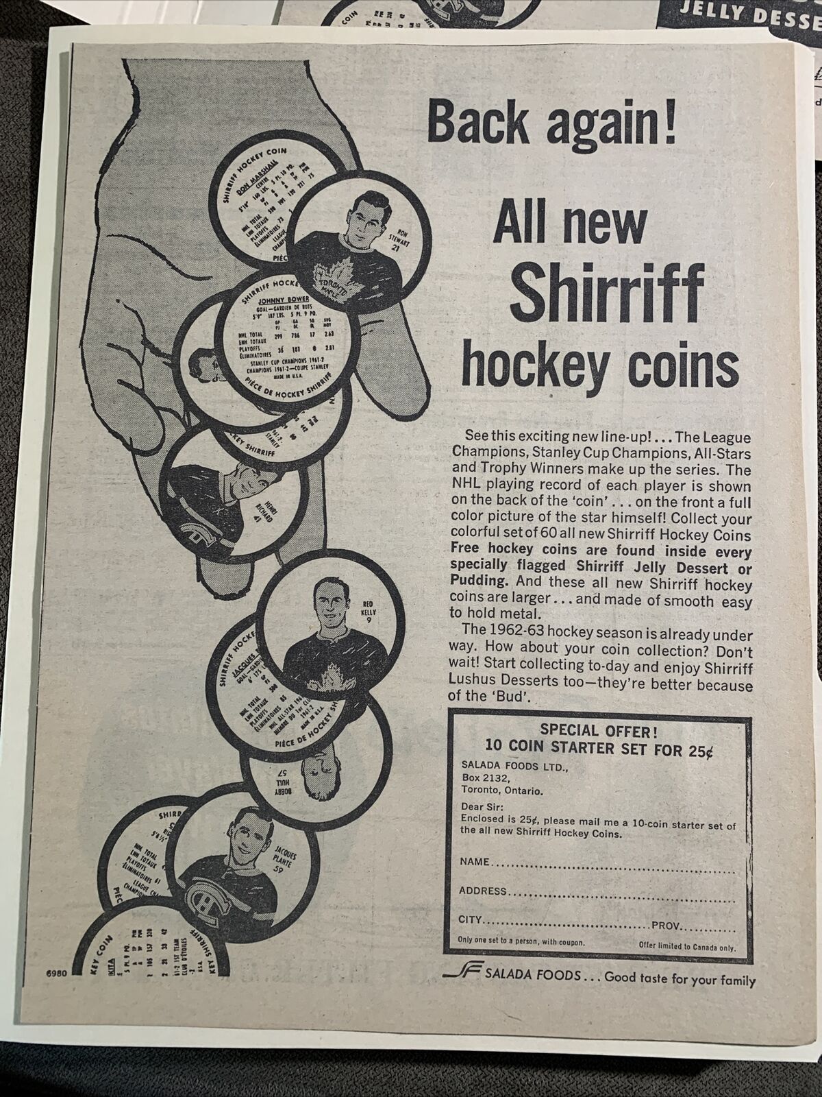 Salada Foods Shirriff Coins Jacques Plante 1962 Sporting News Hockey 8X11 Ad