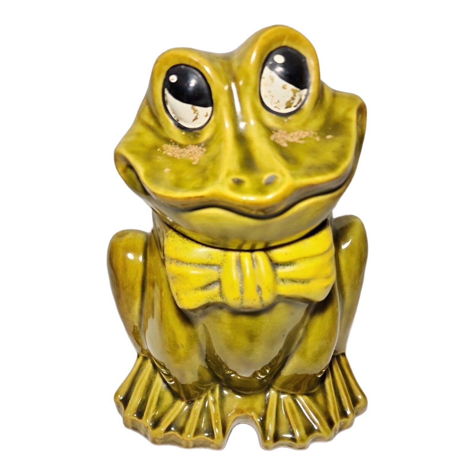 Vintage Mid Century Frog Cookie Jar With Bowtie Olive Green 11