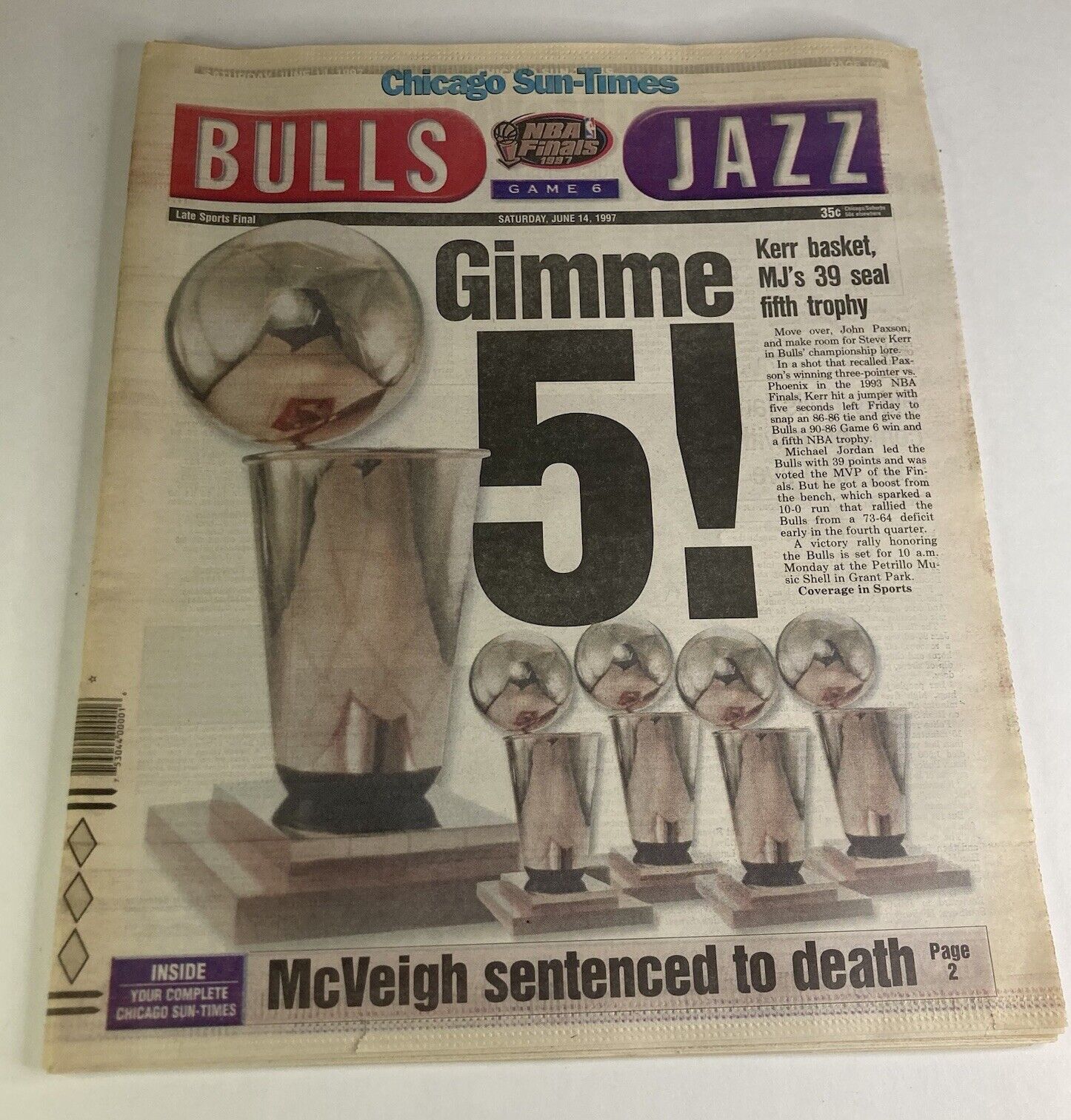 Vintage June 14, 1997 Chicago Sun-Times Newspaper Chicago Bulls “Gimme 5”