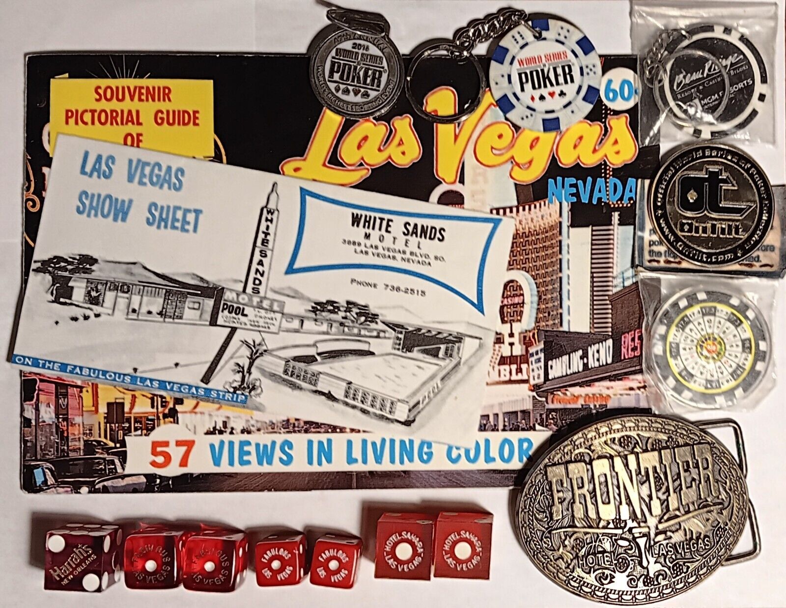 Las Vegas Casino & Poker Lot Booklet/Sahara Dice/Frontier Buckle/WSOP 1965-2015