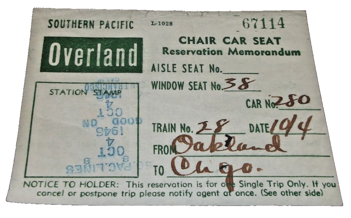 OCTOBER 1946 OVERLAND TICKET SOUTHERN PACIFIC SAN FRANCISCO CALIFORNIA