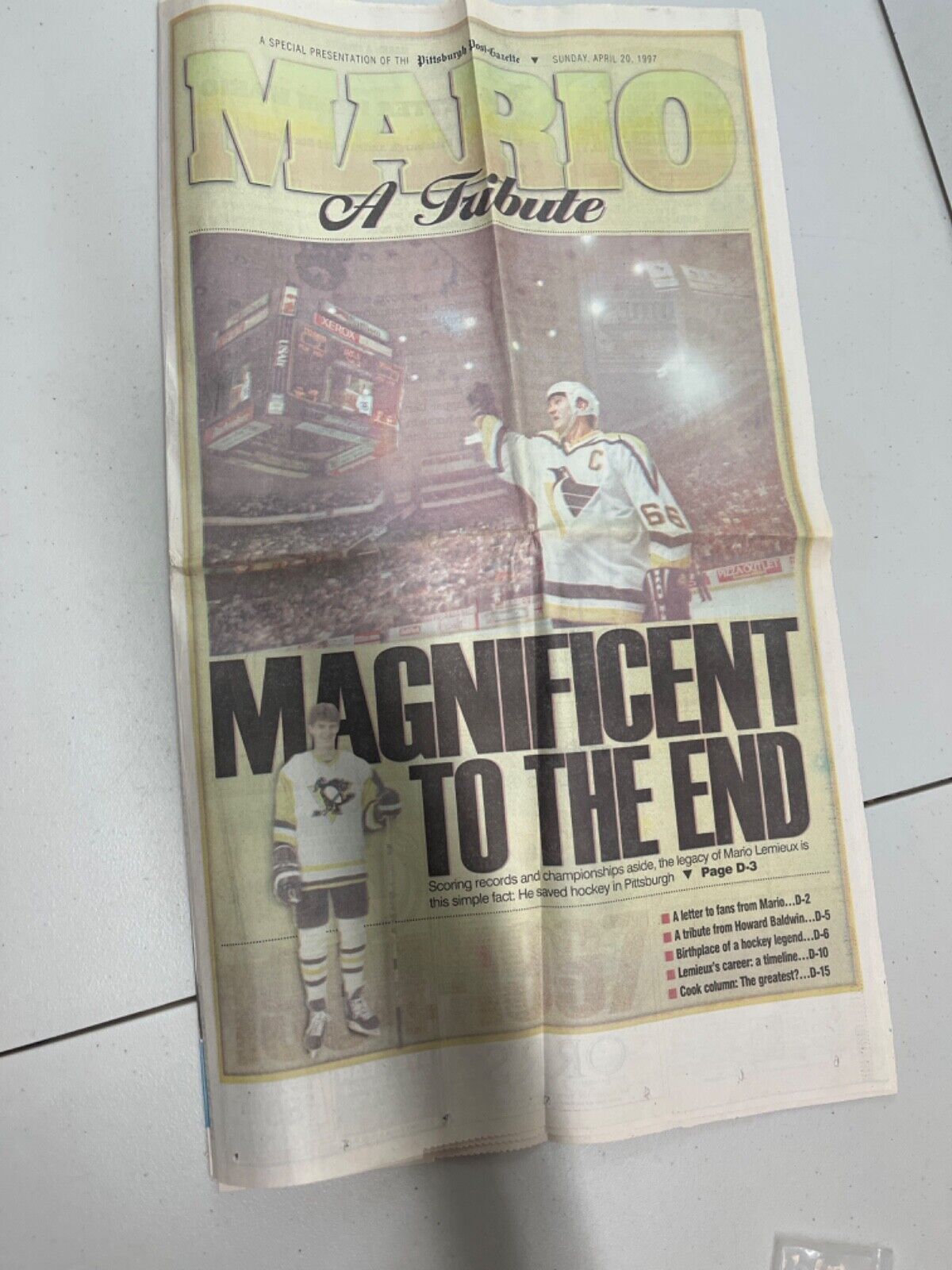 Mario Lemieux Pittsburgh Penguins 1997 Post Gazette Newspaper Tribute