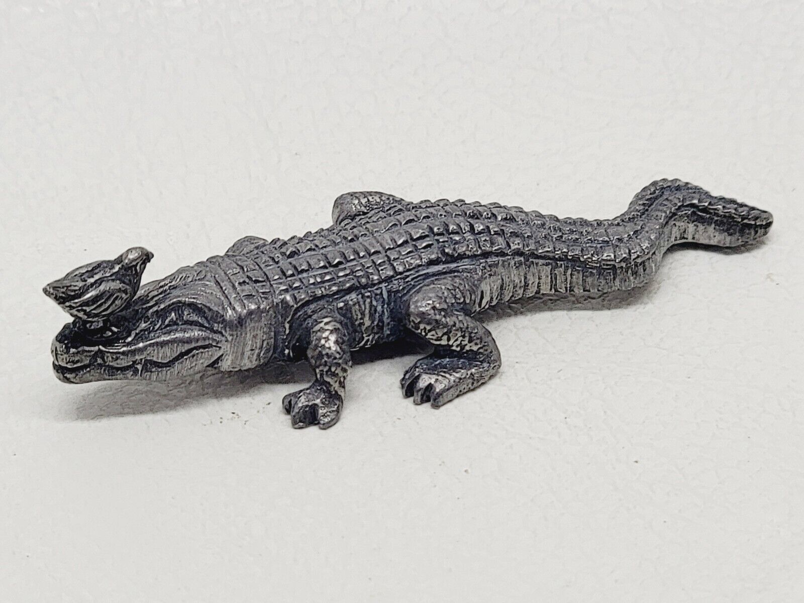 Vintage Pewter Image Alligator/Crocodile With Bird Perched On Snout
