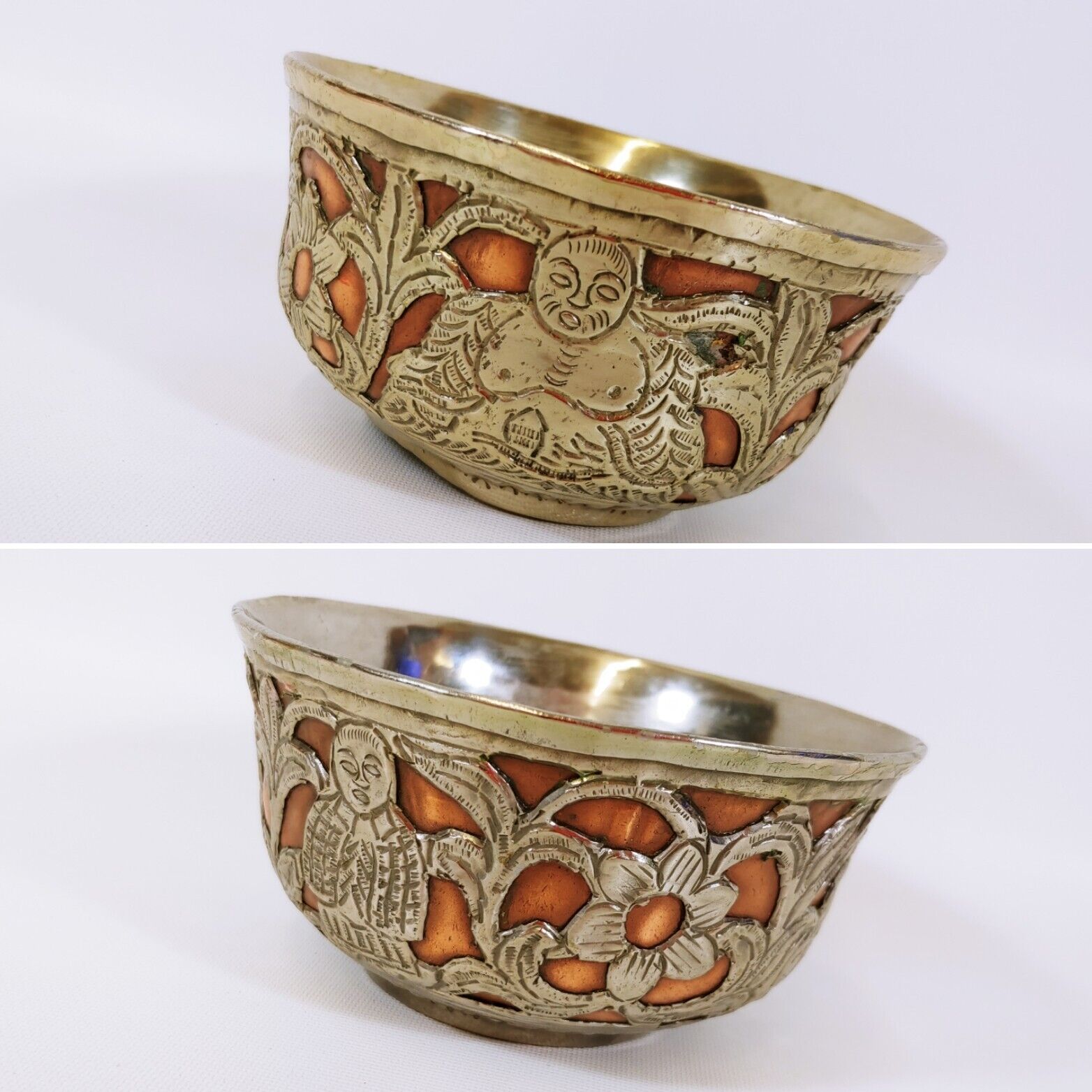 Pair Of Vintage Copper & Silver Tone Bowls India Budha / Floral Folk Art 4\