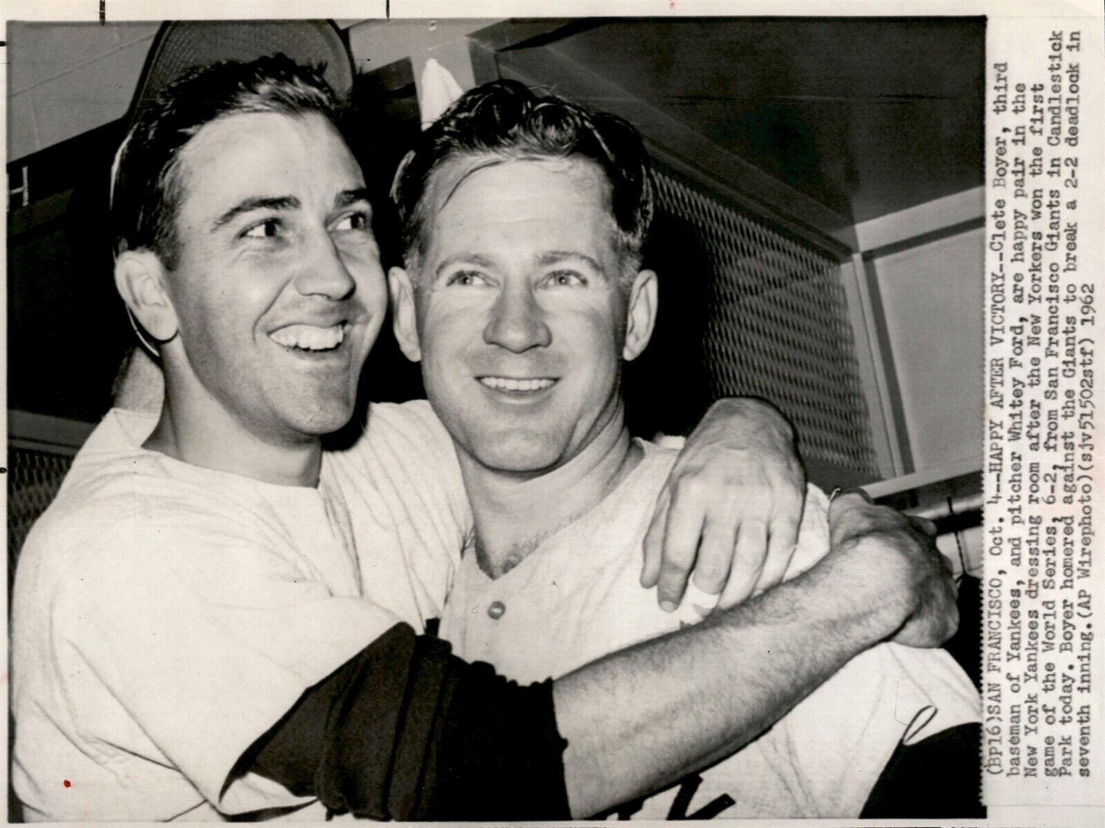 LG903 1962 AP Wire Photo HAPPY AFTER VICTORY NY Yankees CLETE BOYER WHITEY FORD
