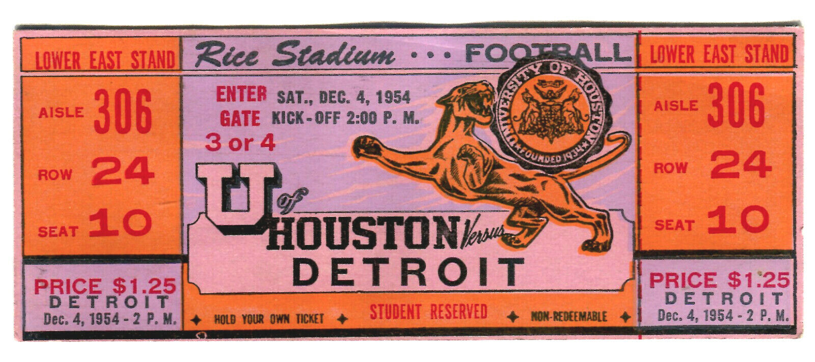 *SUPER VINTAGE 1954 COLLEGE FOOTBALL FULL TICKET 12/4/54 HOUSTON VS. DETROIT