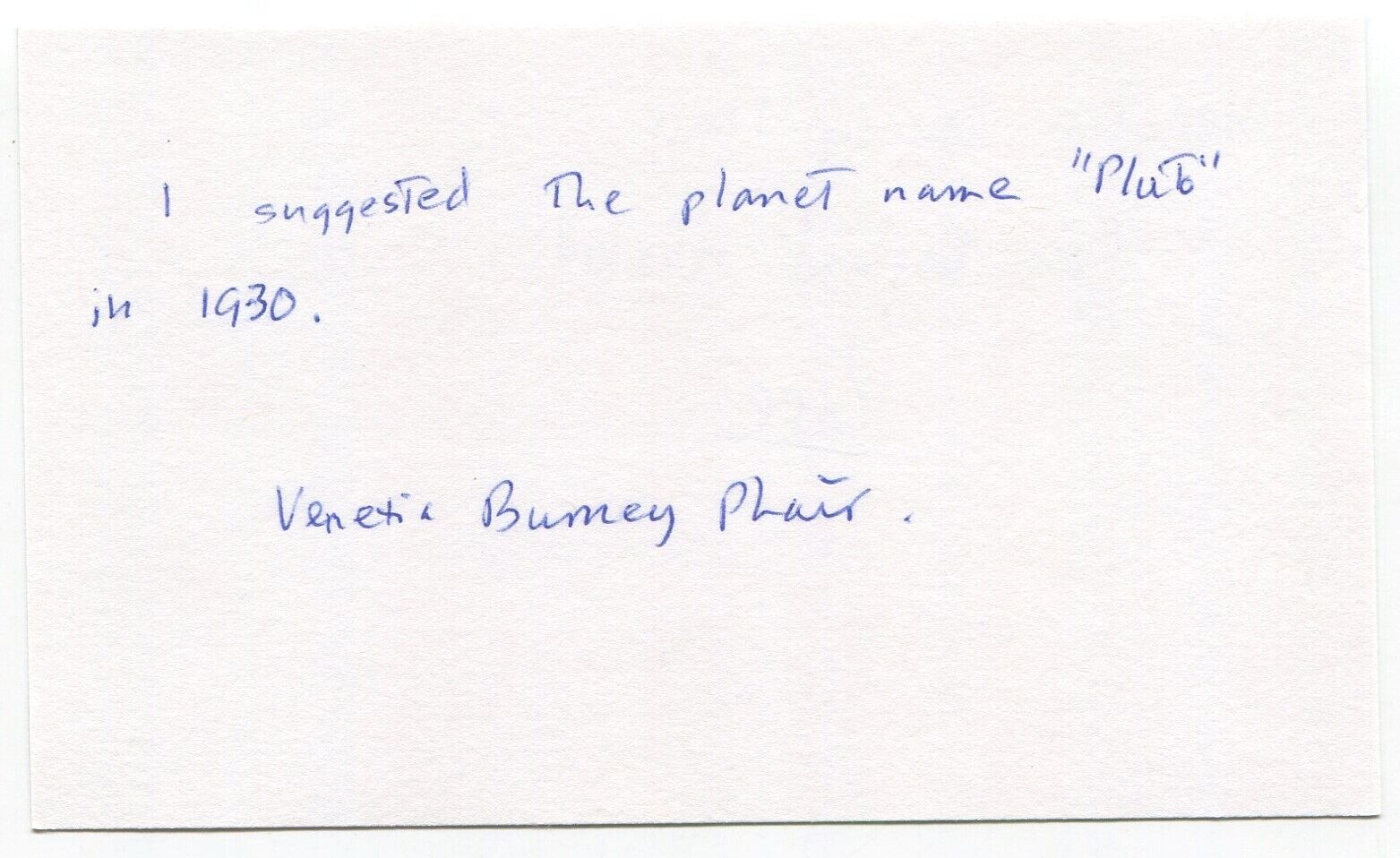 Venetia Burney Phair Signed 3x5 Index Card Autographed Space Named Pluto