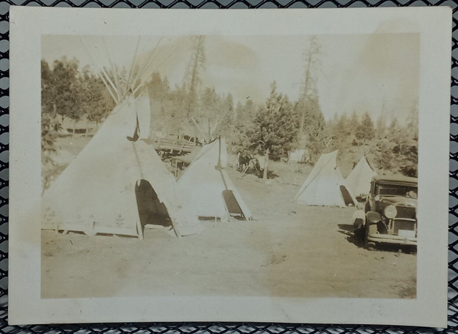 c.1930s Teepee Tents Car Reservation Horse Mountains Small Vintage Antique Photo