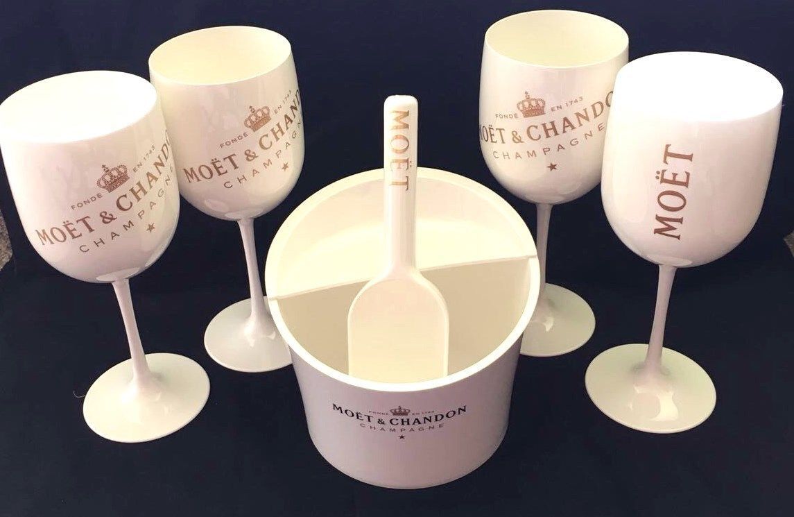 Moet Chandon Ice Imperial Champagne Ice Bucket Caddy W/ Scoop + 4 FLUTES NEW