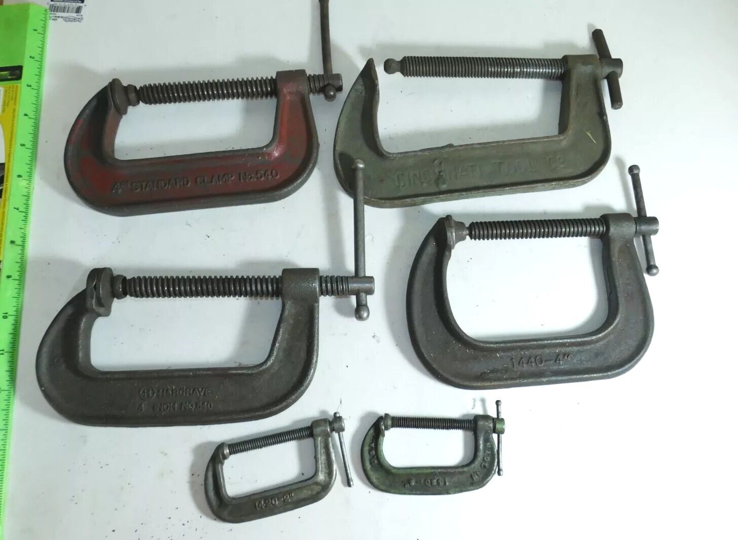 Vintage Lot of 6 C Clamps Cincinatti Tool Hargrave Unbranded USA , 1 Has Issue 