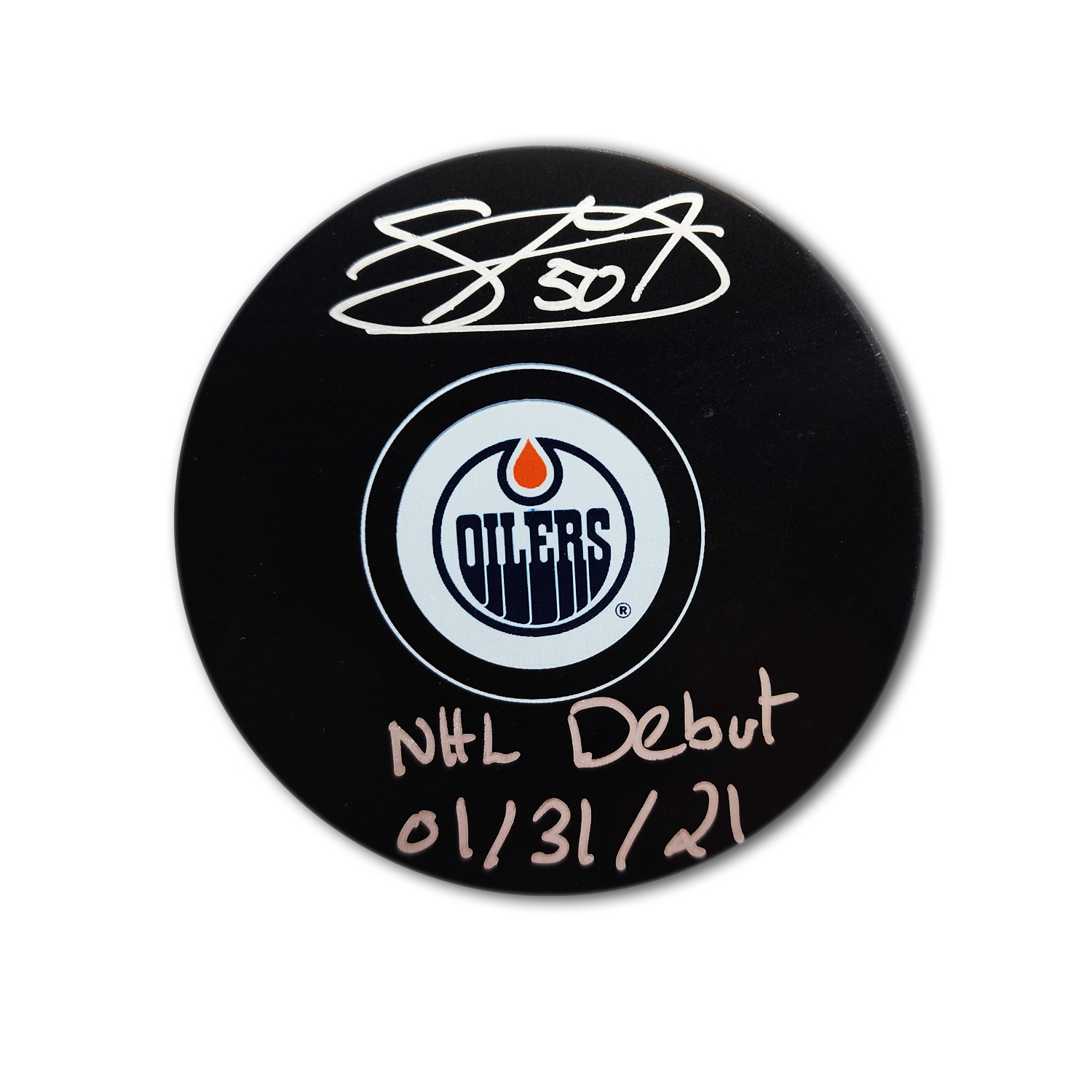 Stuart Skinner Edmonton Oilers Autographed Hockey Puck Inscribed NHL Debut