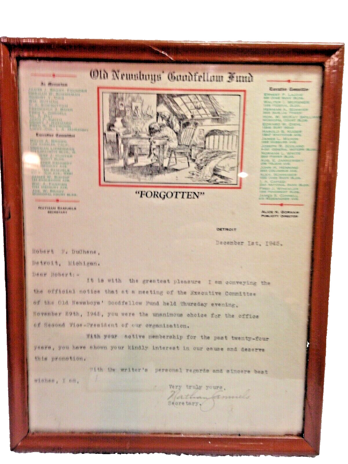Old NewsBoys GoodFellow Fund Forgotten Letterhead 1945 Rare Framed 