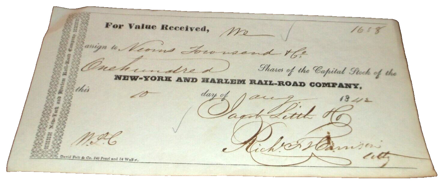 AUGUST 1842 NEW YORK AND HARLEM RAIL ROAD NYC STOCK PURCHASE