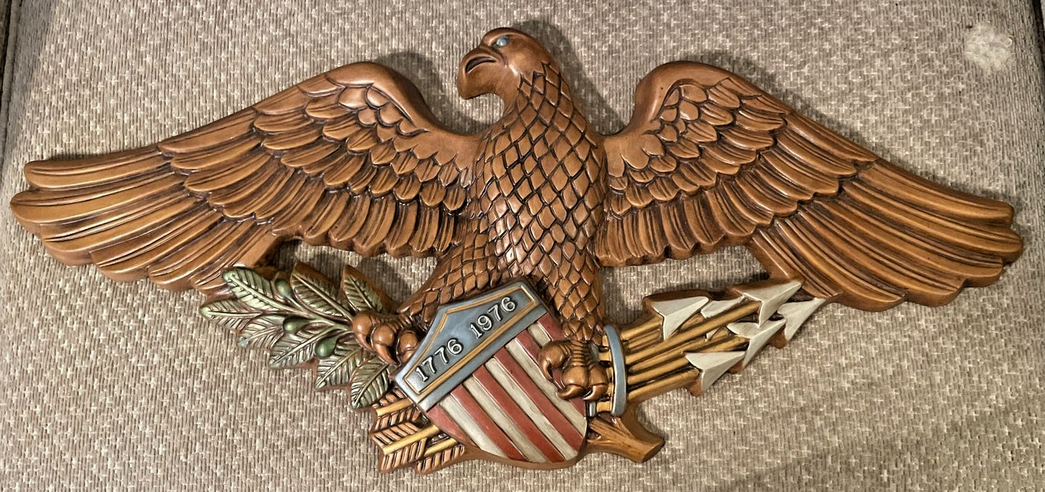 Large Wall Mount CHALKWARE EAGLE With American Flag Shield Arrows 1776-1976