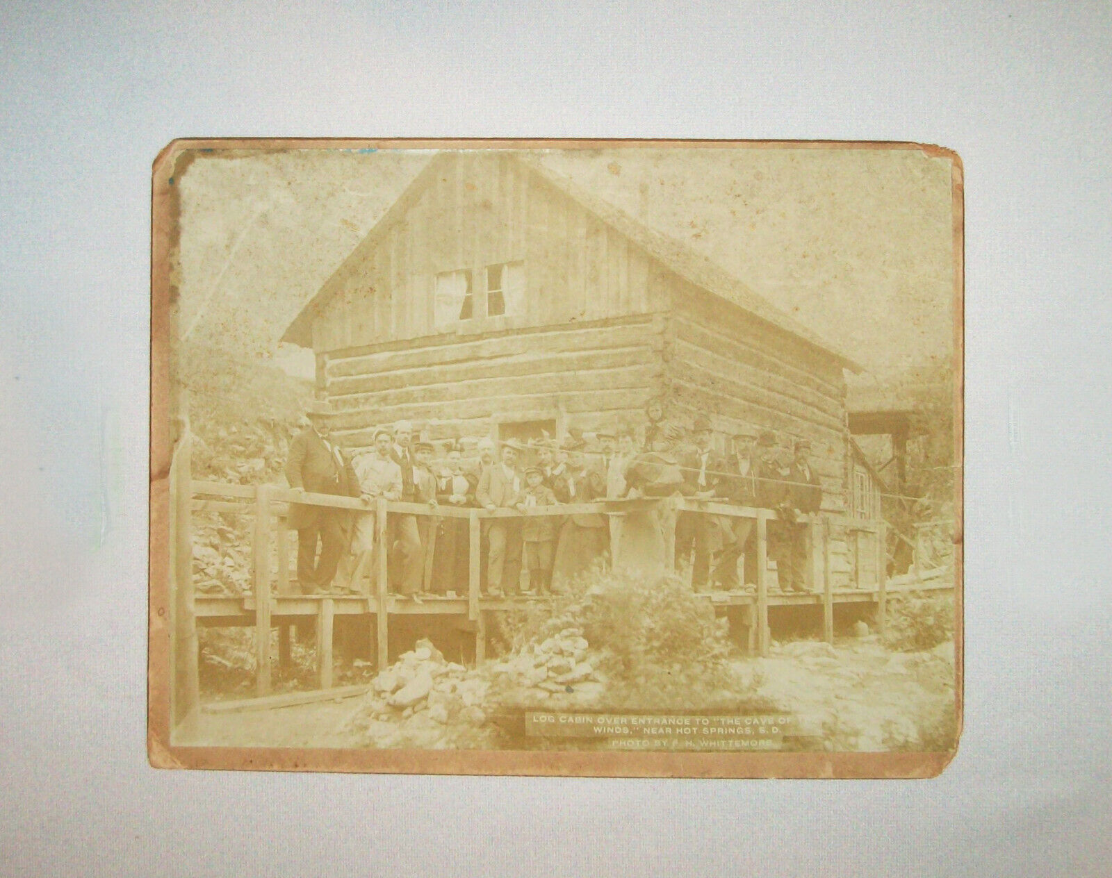 Old Antique Vtg Ca 1870s Mounted Photo of Log Cabin Over Cave of the Winds S.D.