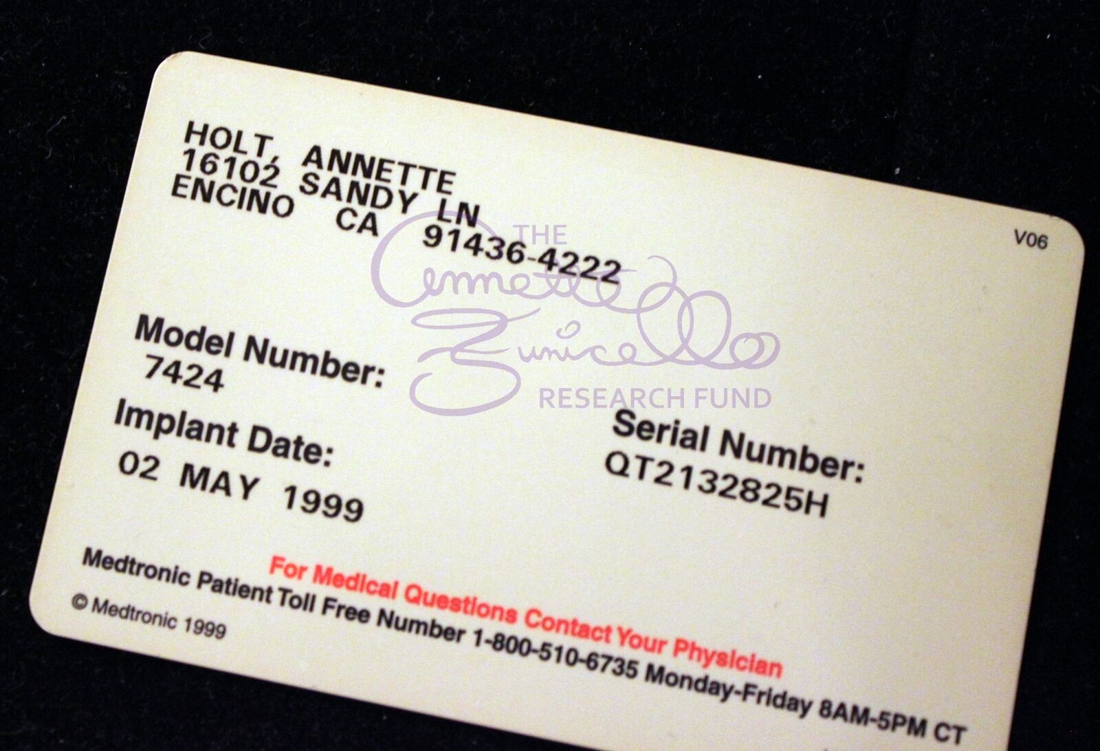 Annette Funicello Personal Property 1999 Medtronic Itrel ID Card Implant Device