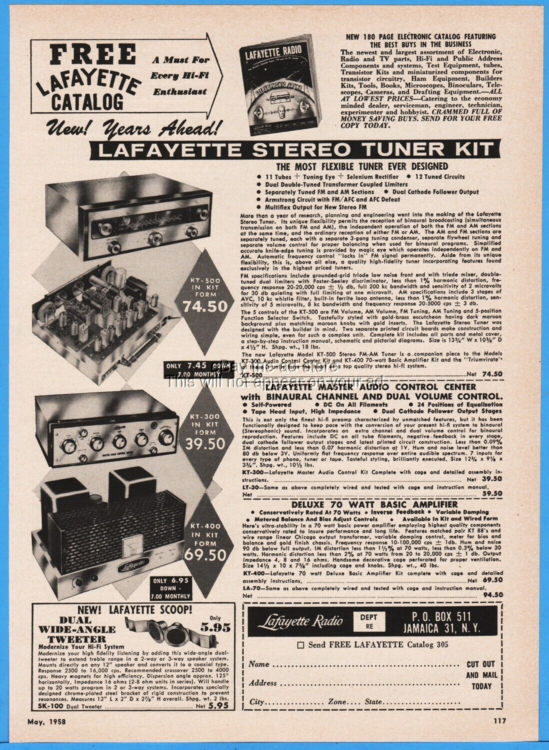 1958 Lafayette Radio Electronic Jamaica NY Stereo Tuner Hi-Fi Tweeter Speaker Ad