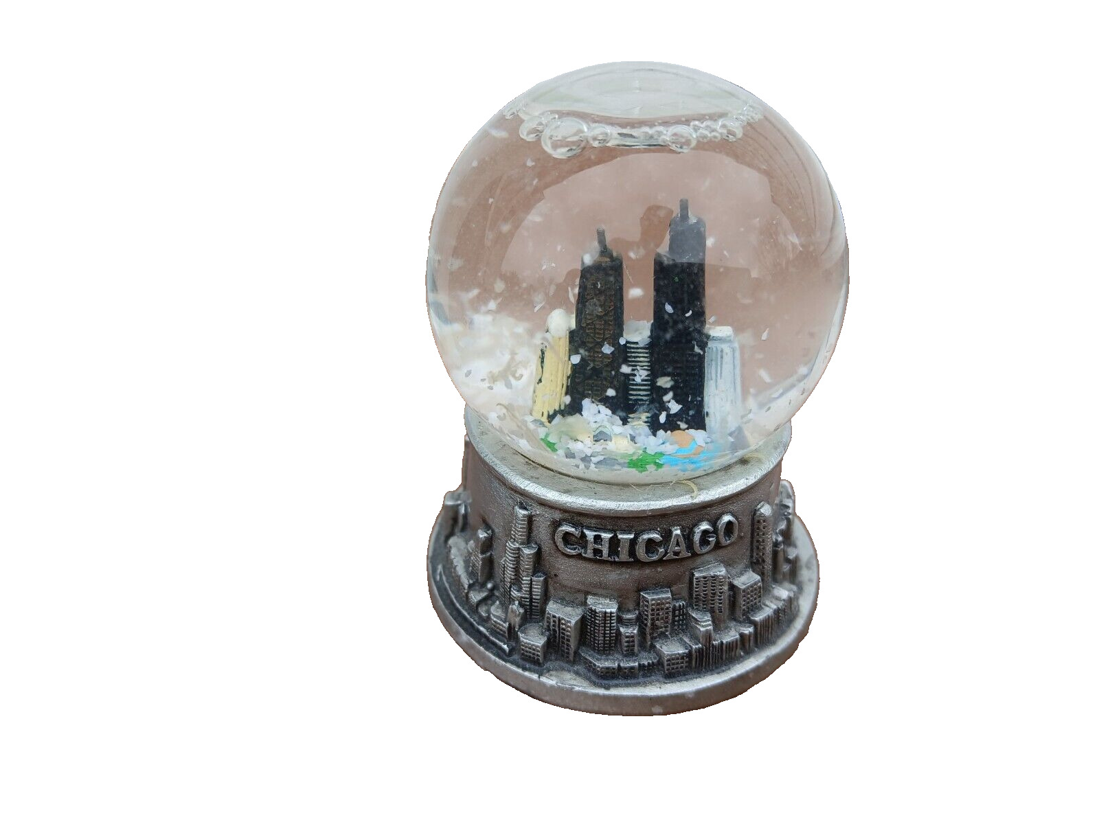 vtg snow globe chicago Skyline pewter 2 3/4 inch