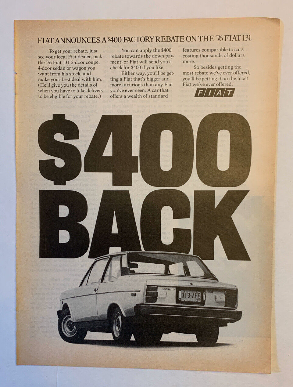 1976 Fiat 131 Print Ad Original Vintage $400 Back Rebate