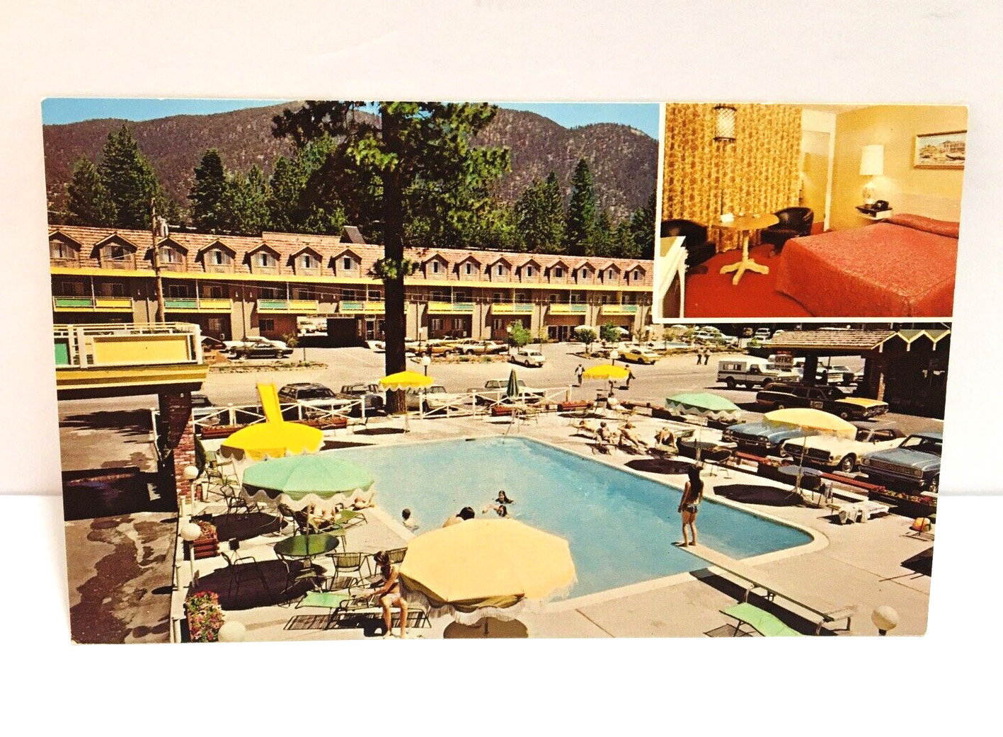 South Lake Tahoe California Shamrock Inn Highway 50 Postcard Bikini Pool RARE