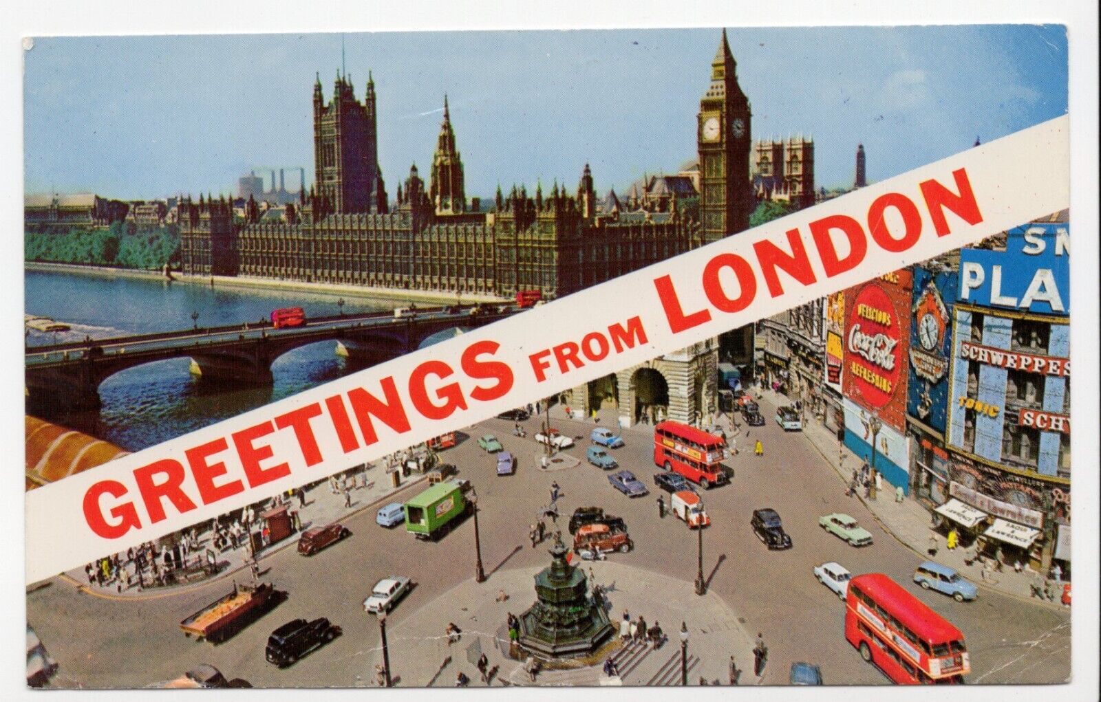 Vintage Greetings from London Busy Street View Coca Cola Sign Chrome Postcard