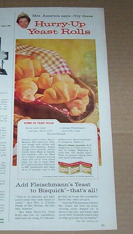 1959 print ad -Fleischmann -Mrs America MRS. PRIEBE hurry-up yeast rolls recipe 