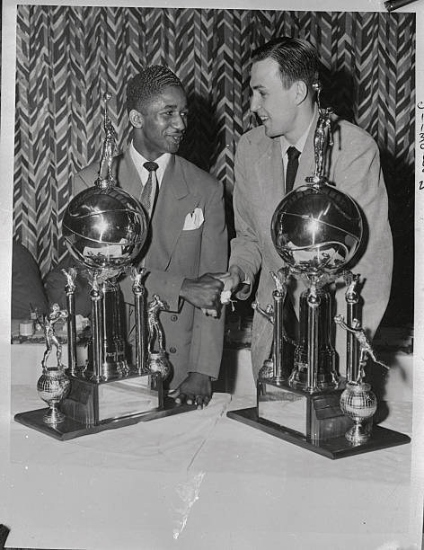 Marques Haynes And Paul Arizin With Trophies New York 1950 OLD PHOTO