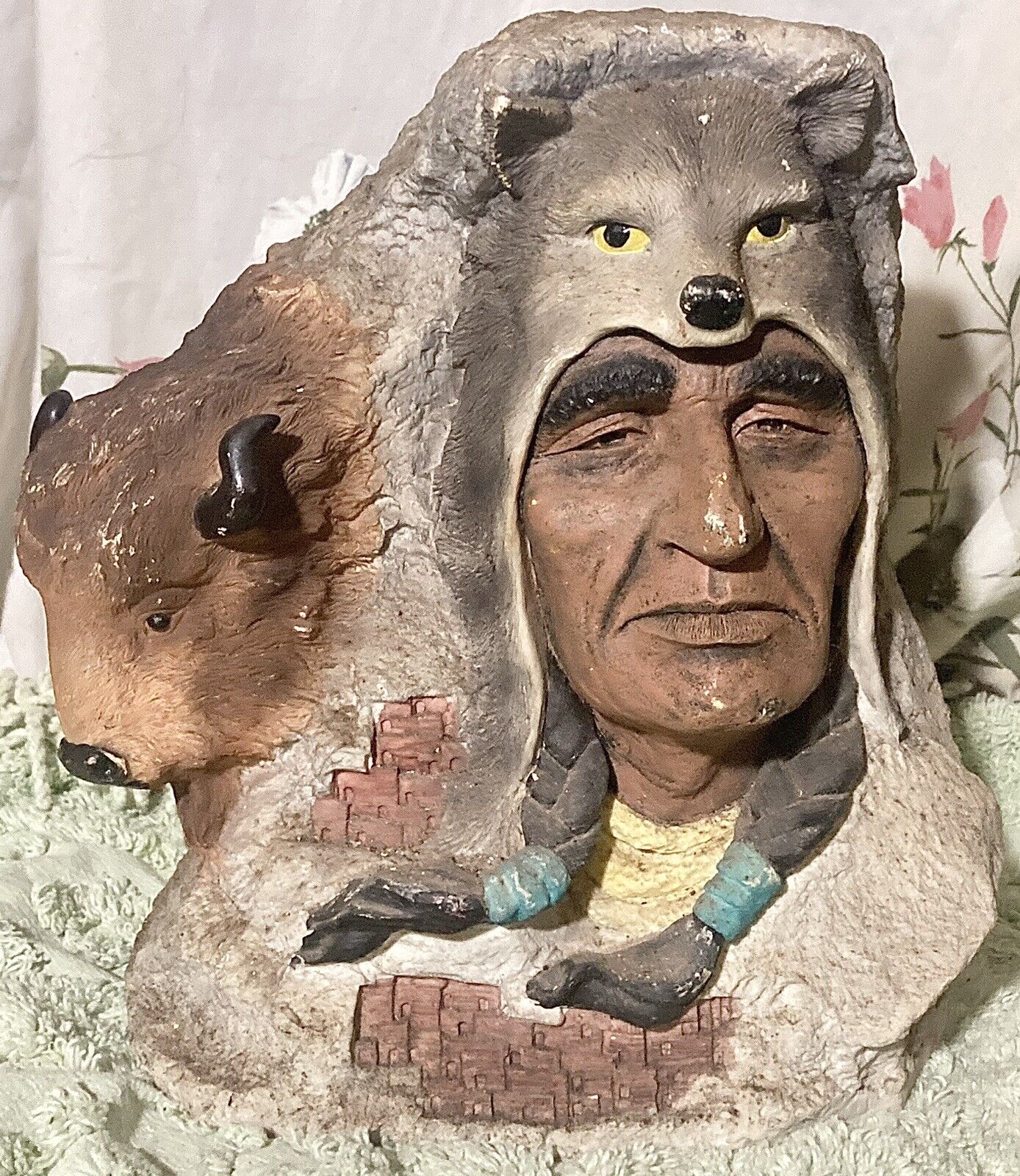 VTG Native American Chief & Buffalo Garden Sculpture