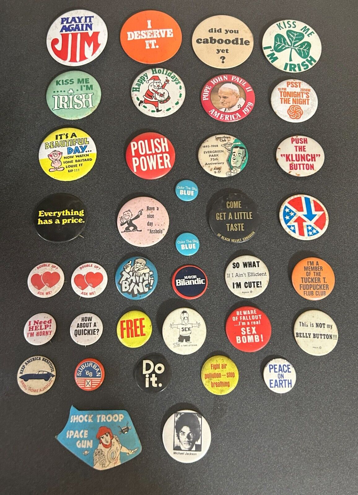 Collection vintage pinback buttons and  vintage decal sticker for cap gun handle