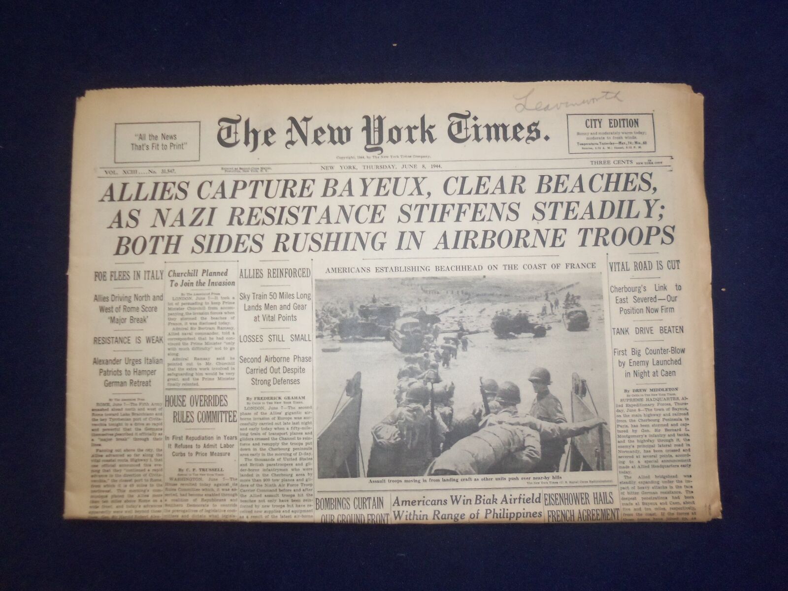 1944 JUNE 8 NEW YORK TIMES - ALLIES CAPTURE BAYEUX, CLEAR BEACHES - NP 6561