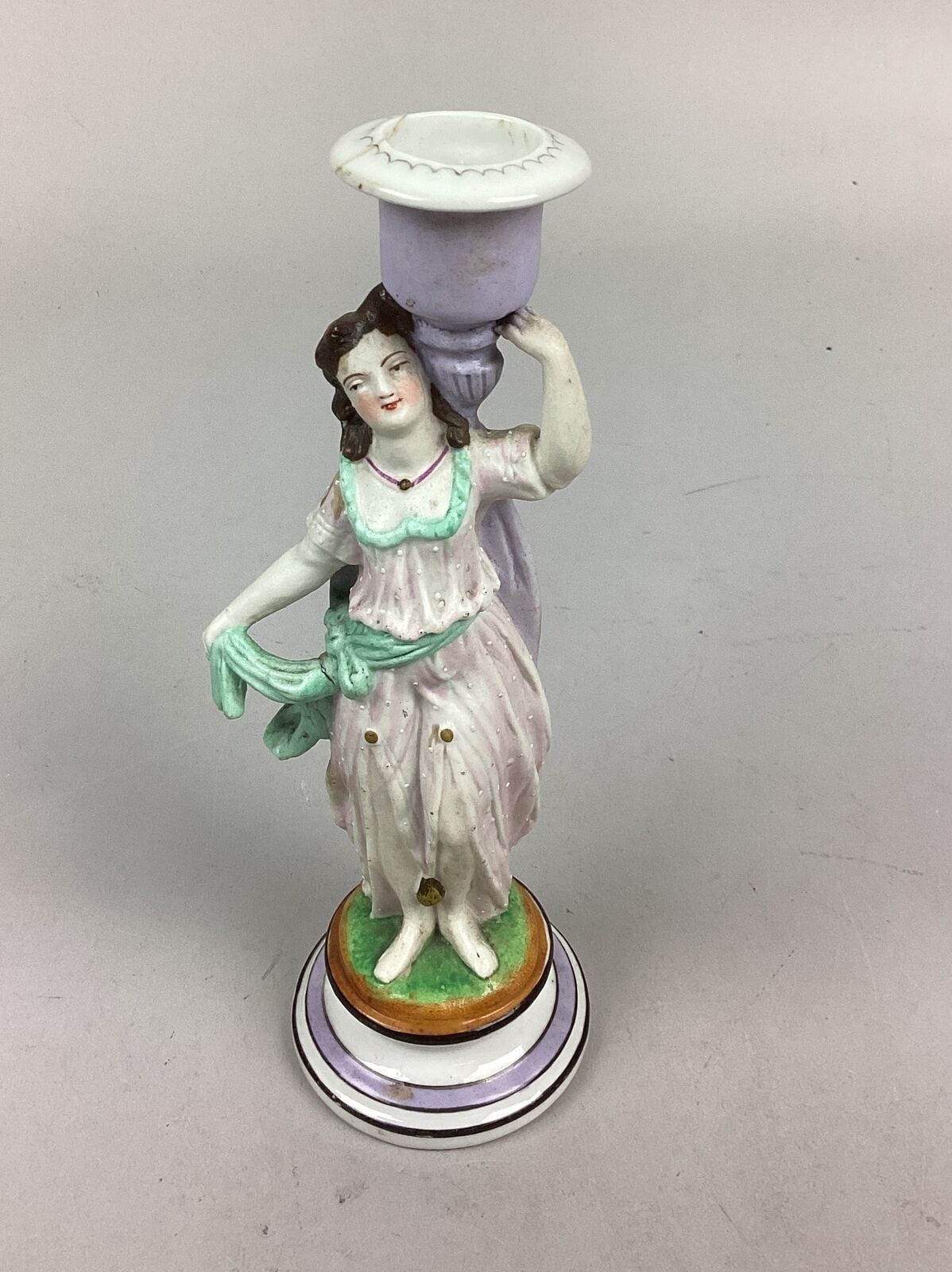 Rare Antique English Derby Hard Paste Porcelain Woman & Candlestick Holder - 8”