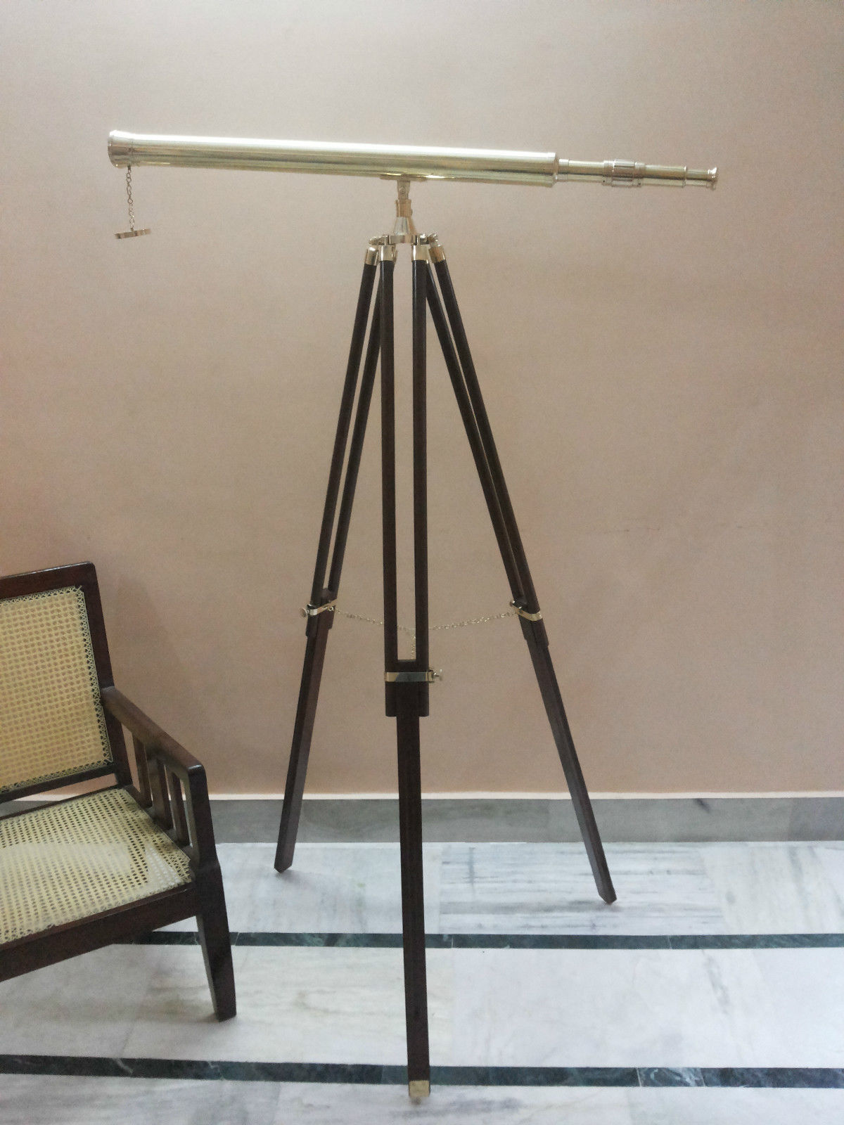 ANTIQUE BRASS TELESCOPE WITH WOODEN TRIPOD STAND MARITIME NAUTICAL DECOR