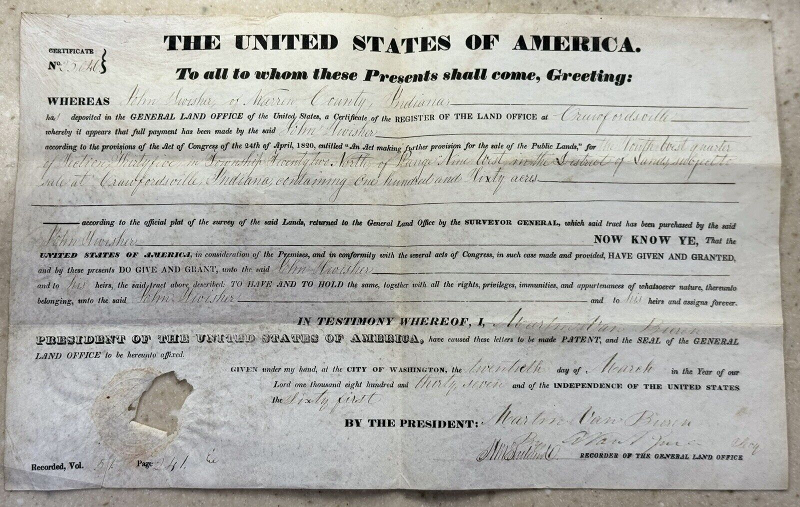 1837 President Martin Van Buren Land Grant Crawfordsville Indiana Signed
