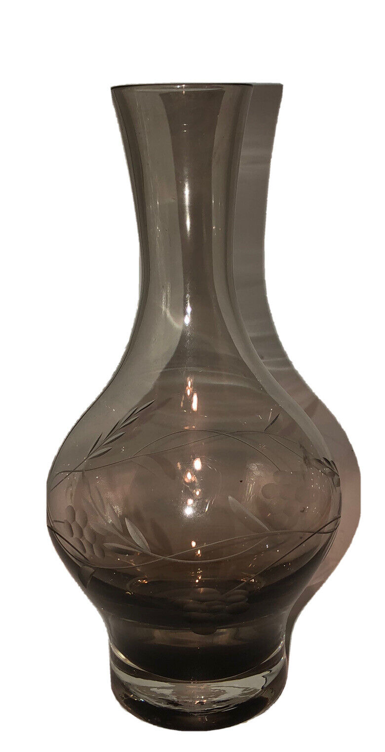 Vintage Glass Etched Smoky Colored Decanter