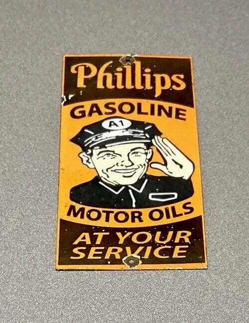 VINTAGE 12” PHILLIPS SERVICE PORCELAIN SIGN CAR GAS TRUCK GASOLINE AUTO OIL