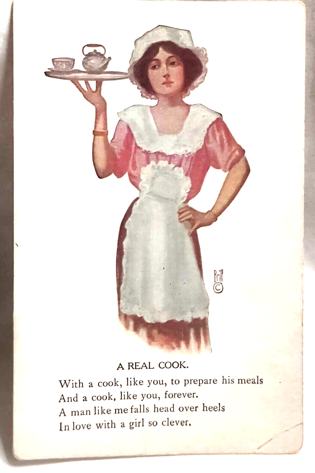 Antique Post Card Unposted 1911 A real Cook TR Co Apron Tea Tray Maiden Meals 1c
