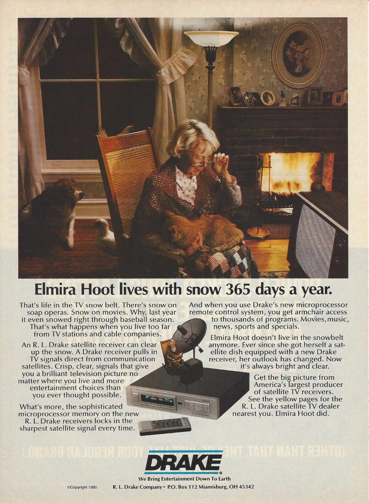 1985 R L Drake TV Satellite Receiver Elmira Hoot vintage print ad advertisement