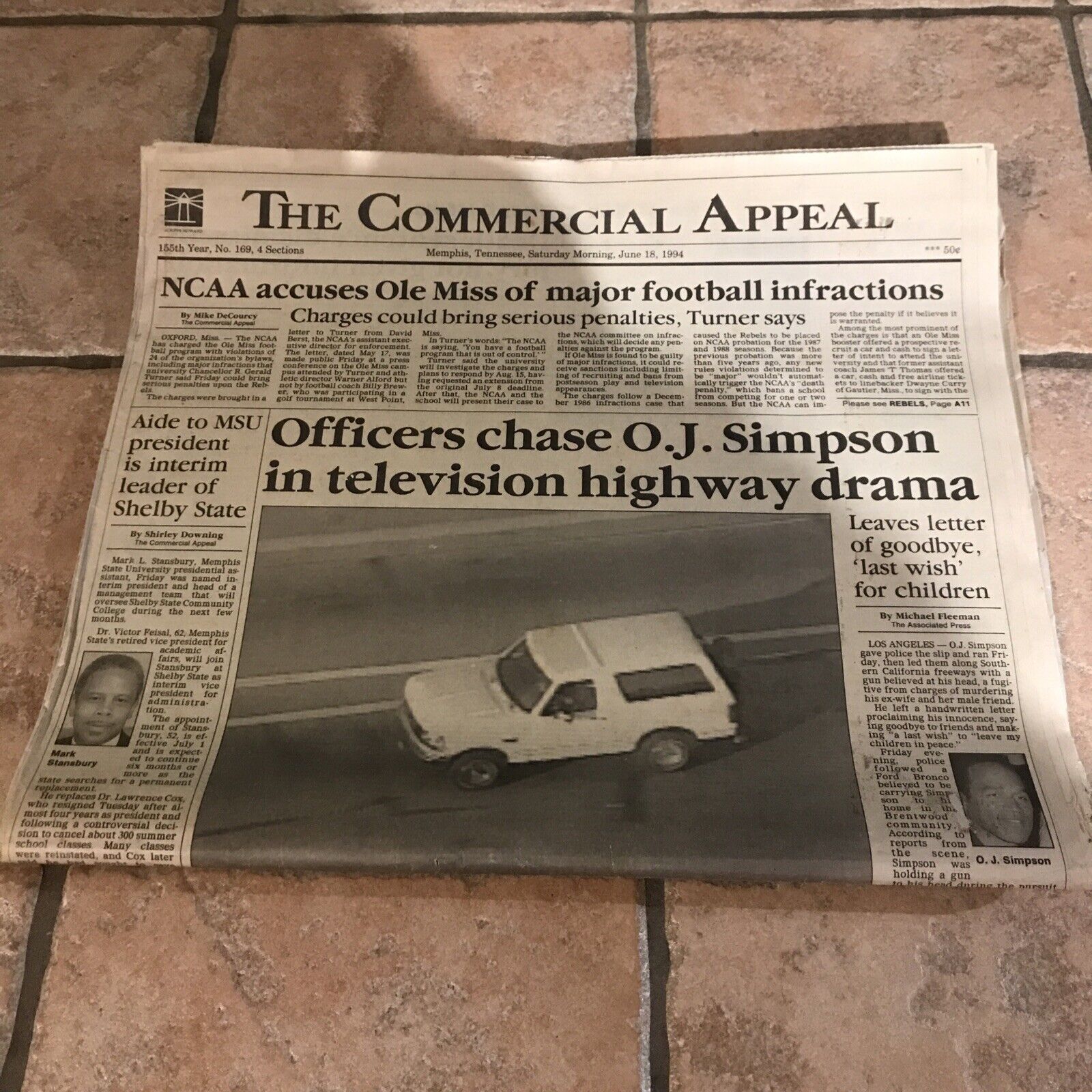 Commercial Appeal -OJ Simpson Chase  & OJ Letter  June 18, 1994 Front Page