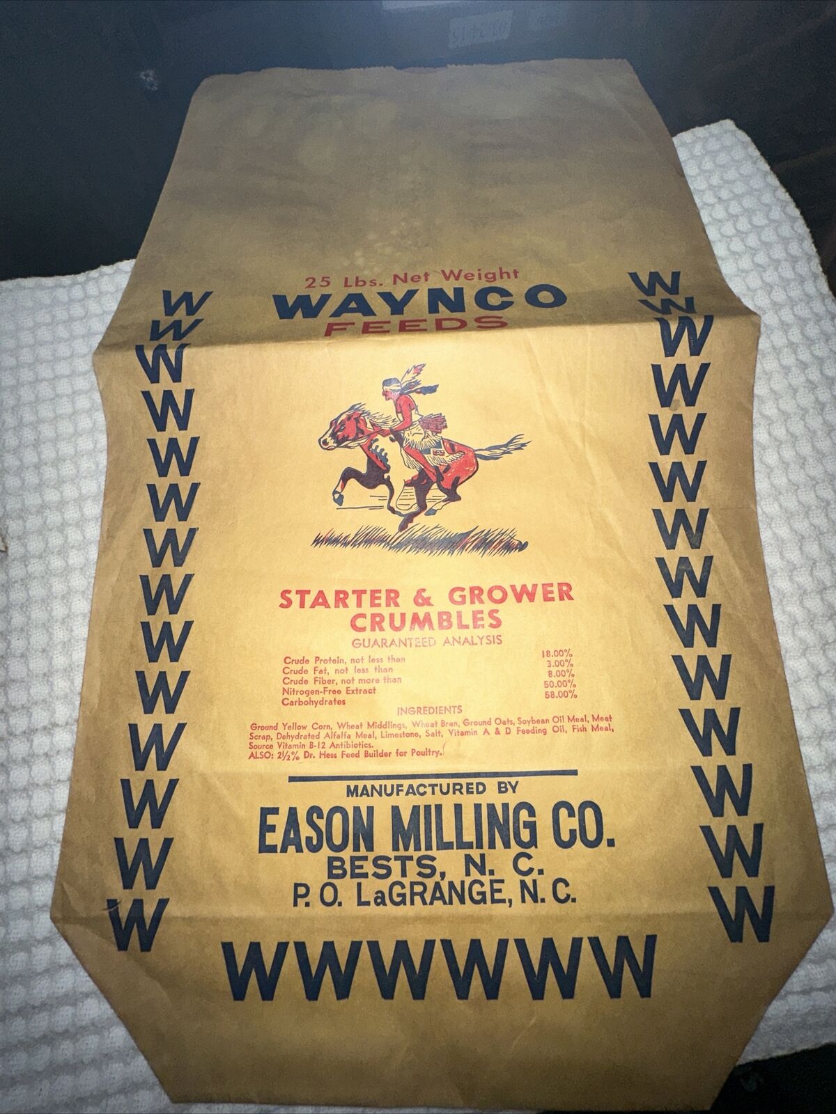 Waynco Feeds -Empty Bag- “Starter & Grower Crumbles” Poultry. Eason Milling Co.