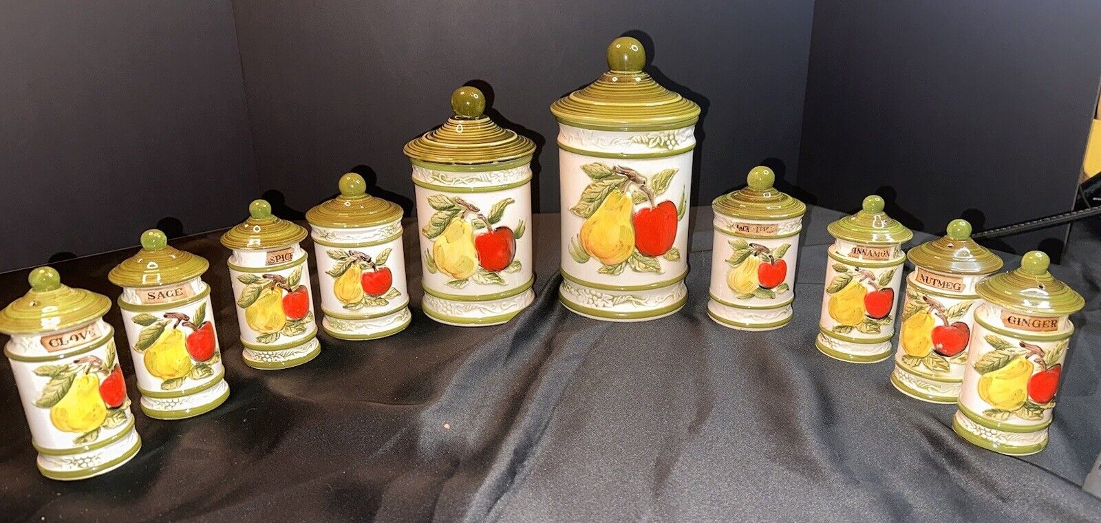 Vintage Ceramic Canister/ Spice set fruit pear apple green 10 piece set