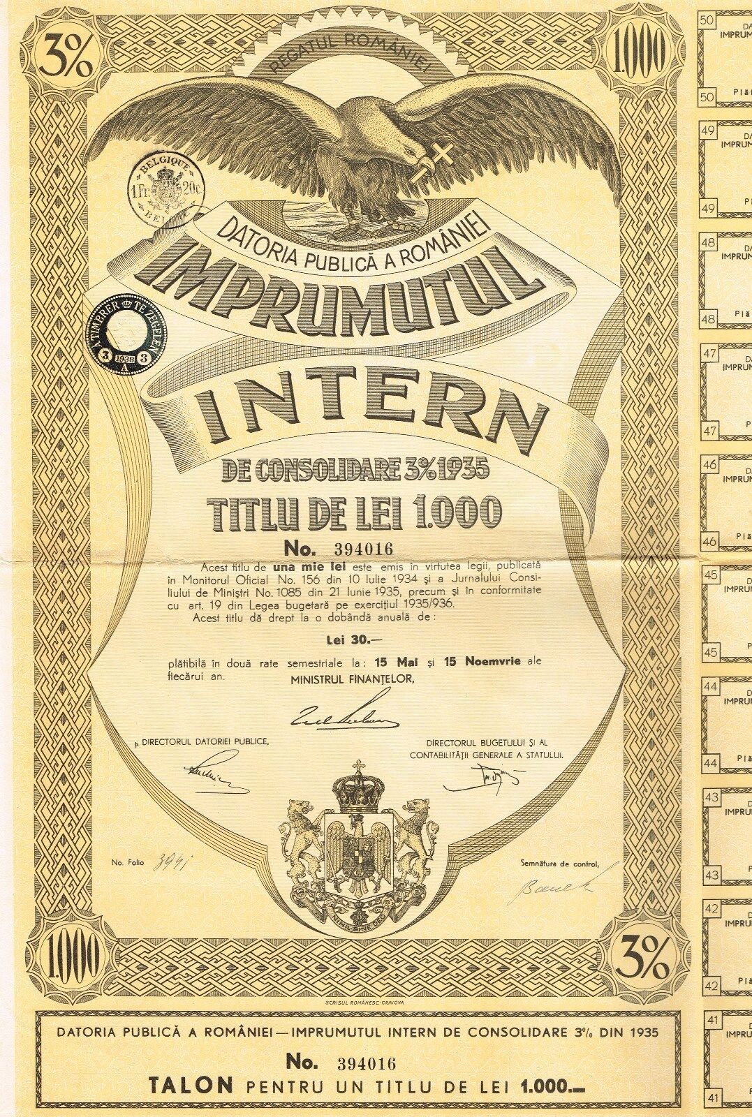 KINGDOM OF ROMANIA PUBLIC DEBT BOND stock certificate 1935, 1000 LEI