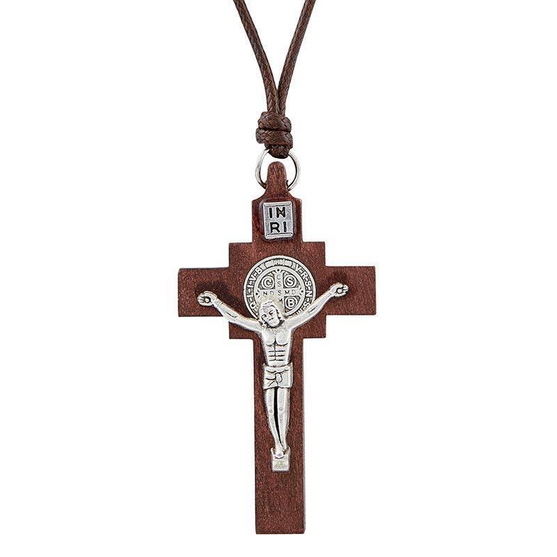 Saint Benedict Cord Necklace with Wooden Crucifix Monte Cassino Collection - 3PK