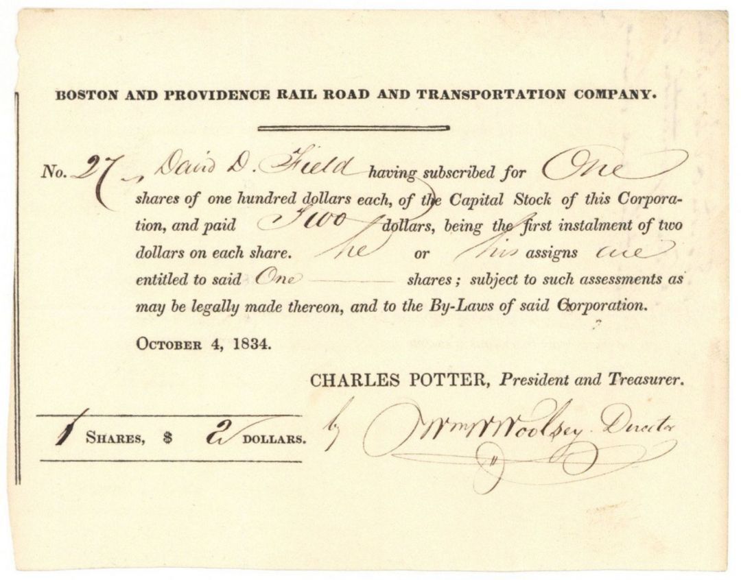 Boston and Providence Rail Road and Transportation Co. Issued to David D. Field 