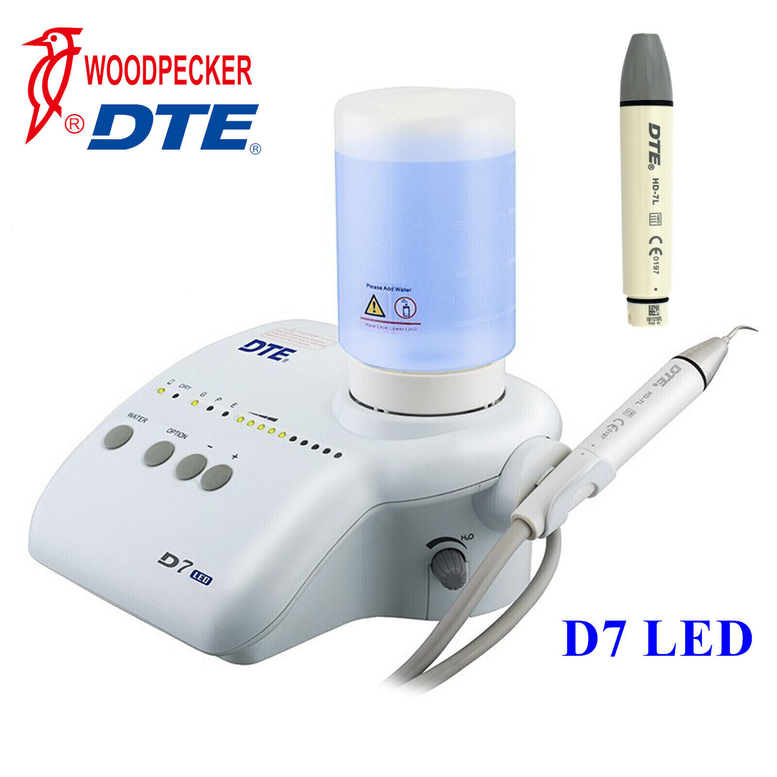 Woodpecker DTE D7 LED Dental Ultrasonic Scaler + 8pc Tips HD-7L Handpiece Bottle