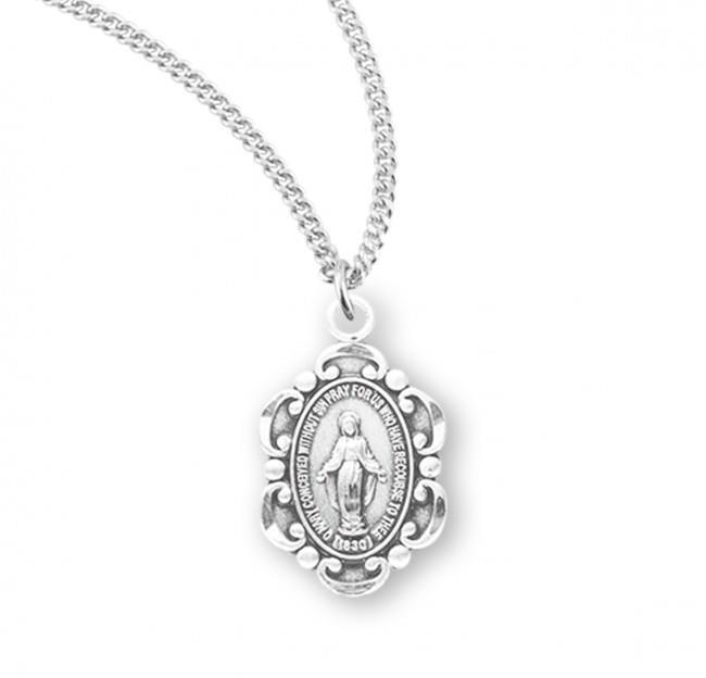 Unique Sterling Silver Oval Fancy Edge Miraculous Medal Size 0.6in  x 0.3in