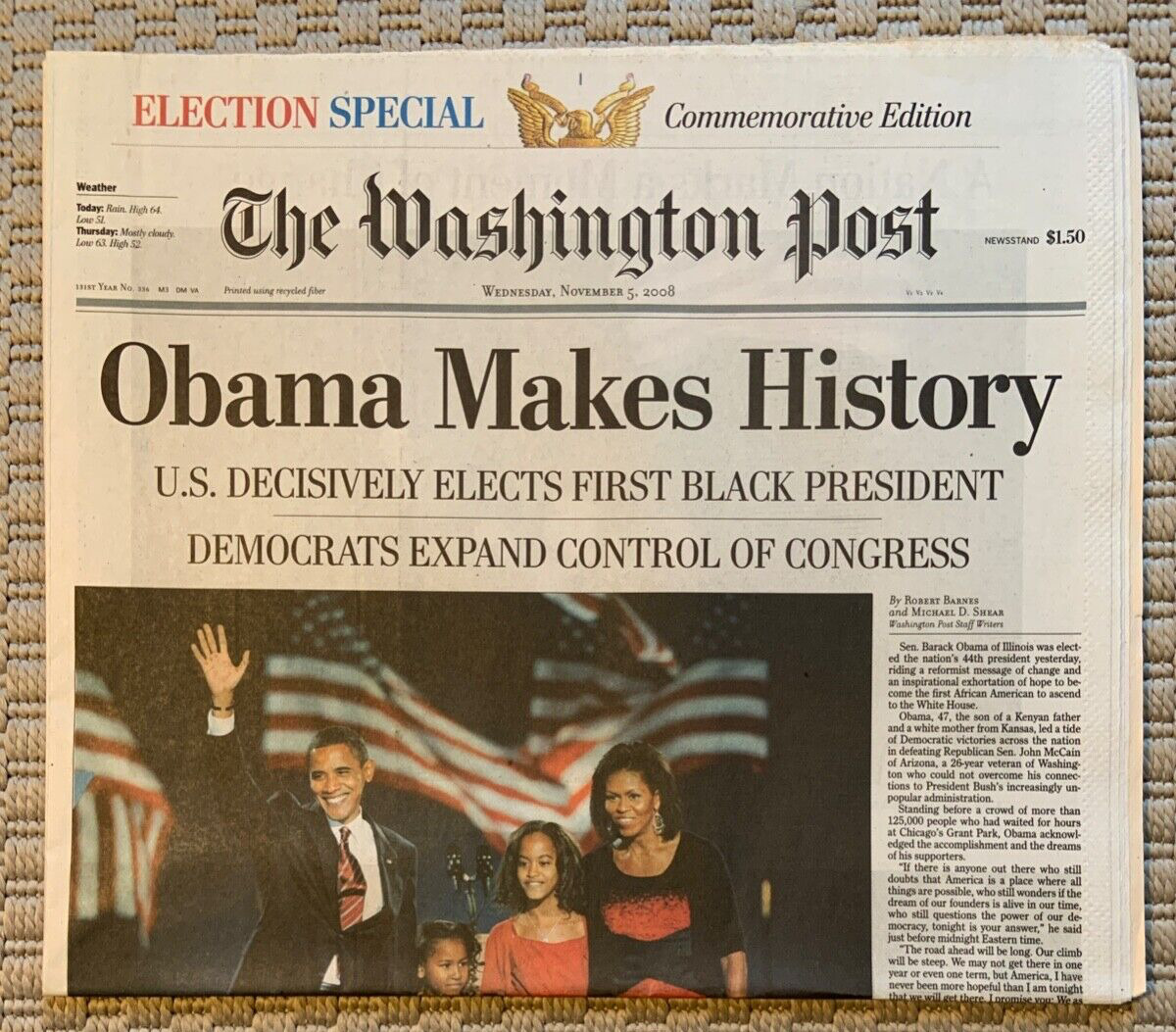 The Washington Post November 5 2008 Commemorative Edition “Obama Makes History” 