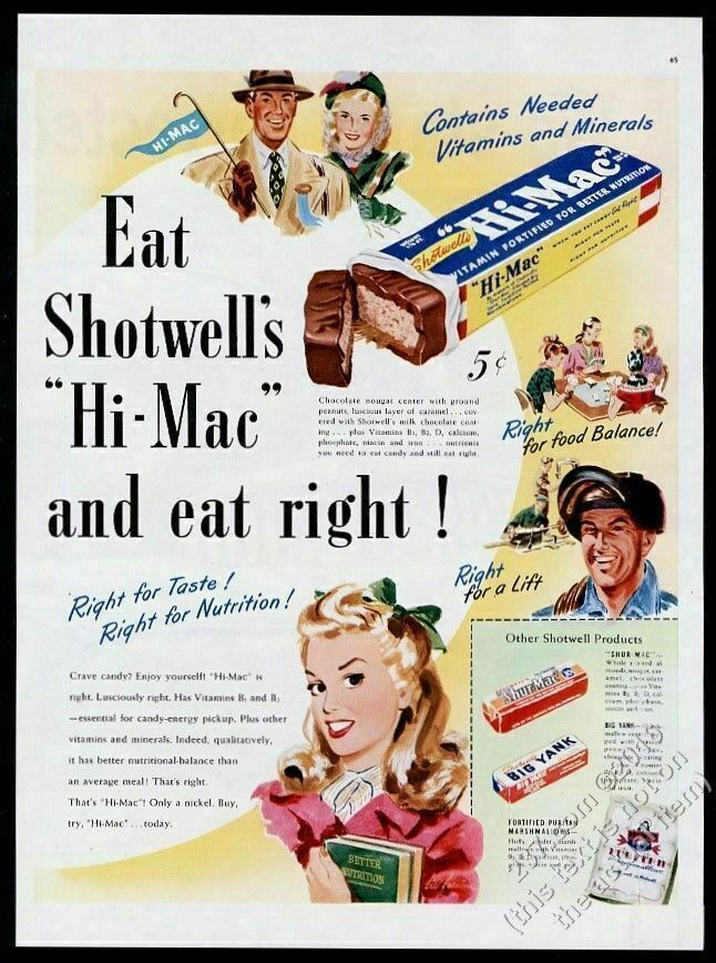 1947 Shotwell\'s Hi-Mac candy bar Shur-Mac Big Yank illustrated vintage print ad